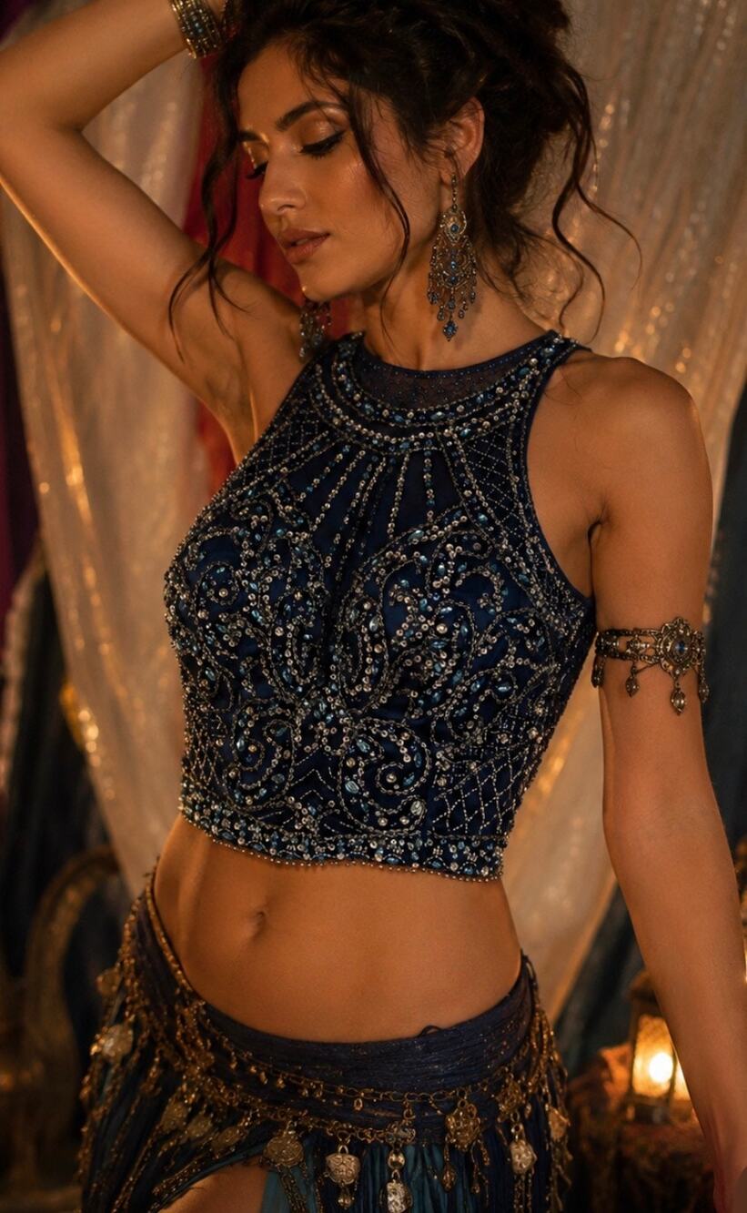 Vintage Juliet Formal beaded rhinestones halter sheer crop Tank belly dancer XS